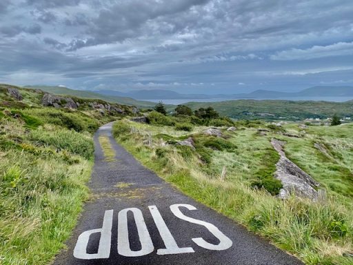 Panneau de stop sur une route entourée de verdure et de collines sous un ciel nuageux.